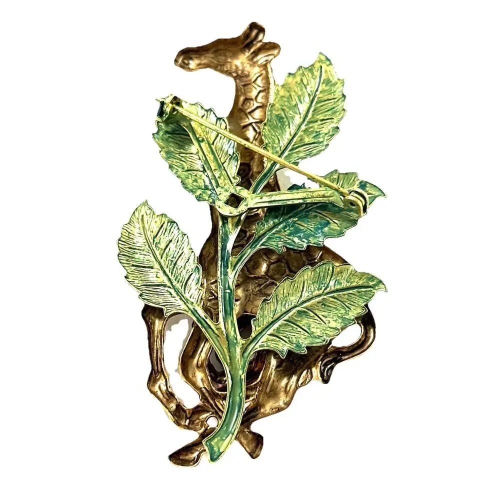 Vintage Giraffe Brooch Pin Mother Baby Safari Gold Tone Green Enamel 3”